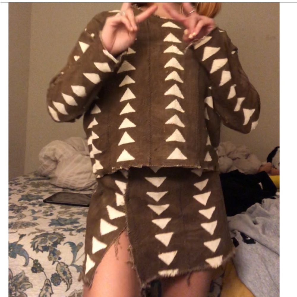 Brown and white boxy sweater and skirt set